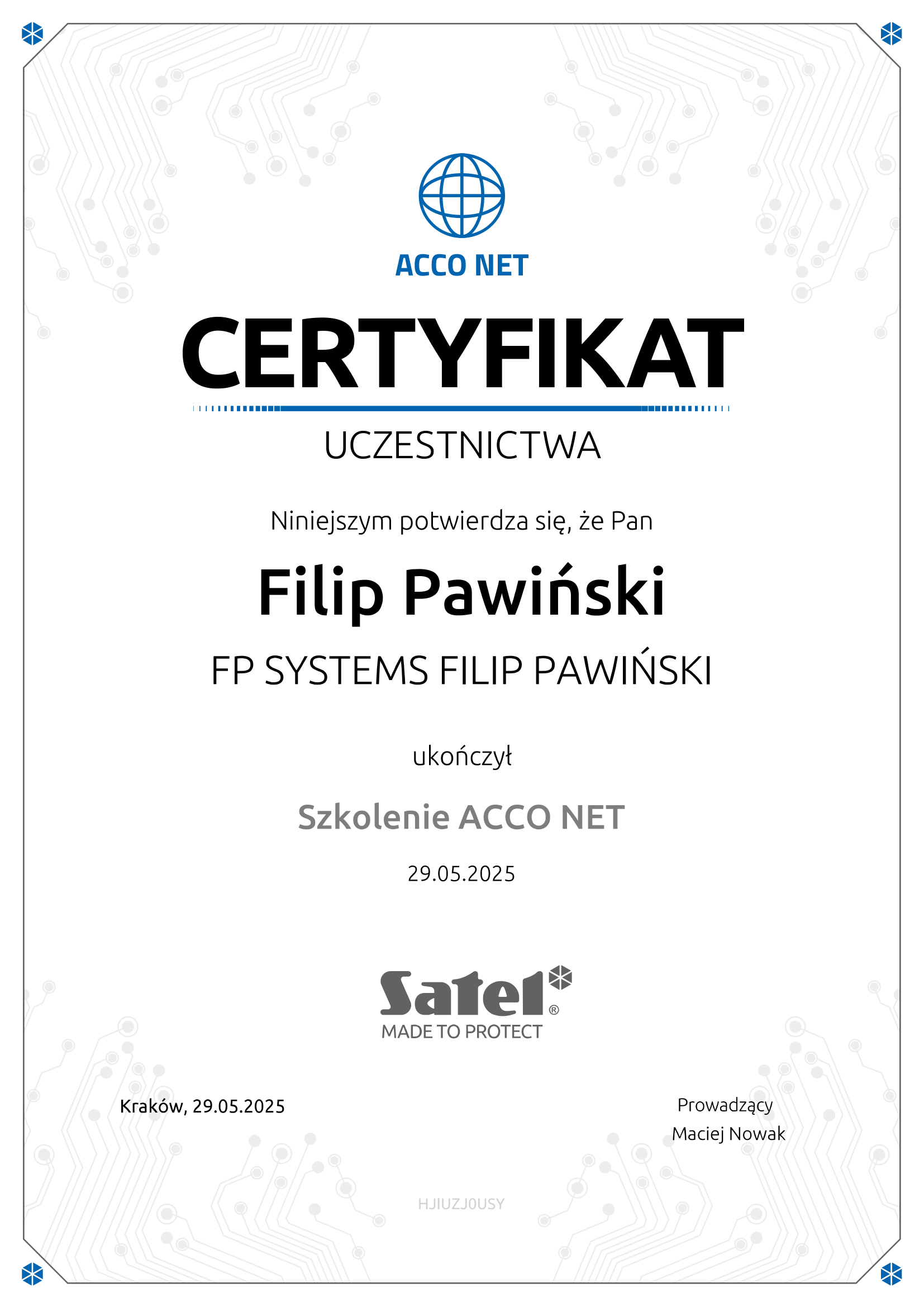 Certyfikat udziału w szkoleniu Satel Acconet